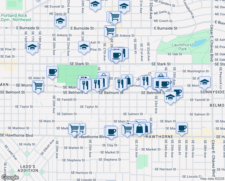 map of restaurants, bars, coffee shops, grocery stores, and more near 2785 Southeast Belmont Street in Portland