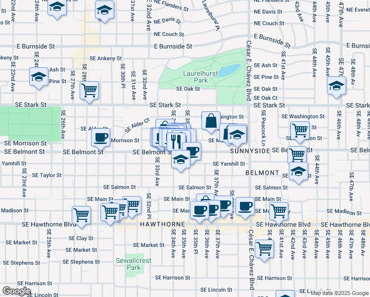 map of restaurants, bars, coffee shops, grocery stores, and more near 928 Southeast 35th Avenue in Portland