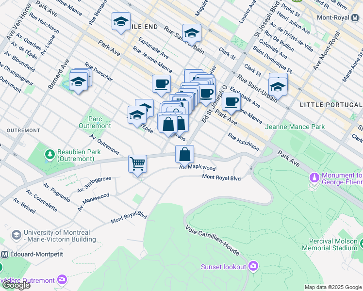 map of restaurants, bars, coffee shops, grocery stores, and more near in Montreal