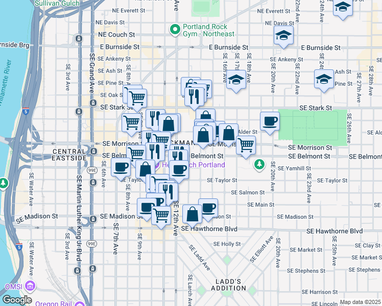 map of restaurants, bars, coffee shops, grocery stores, and more near 1325 Southeast Yamhill Street in Portland