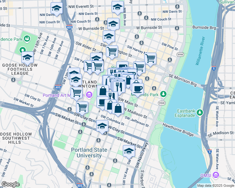 map of restaurants, bars, coffee shops, grocery stores, and more near 500 Southwest Main Street in Portland
