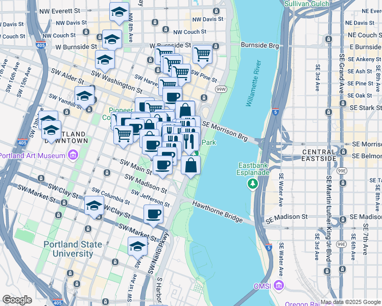 map of restaurants, bars, coffee shops, grocery stores, and more near 898 Southwest Naito Parkway in Portland