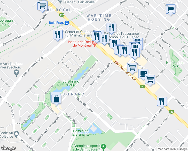 map of restaurants, bars, coffee shops, grocery stores, and more near 2190 Rue Maryse-Bastié in Montréal