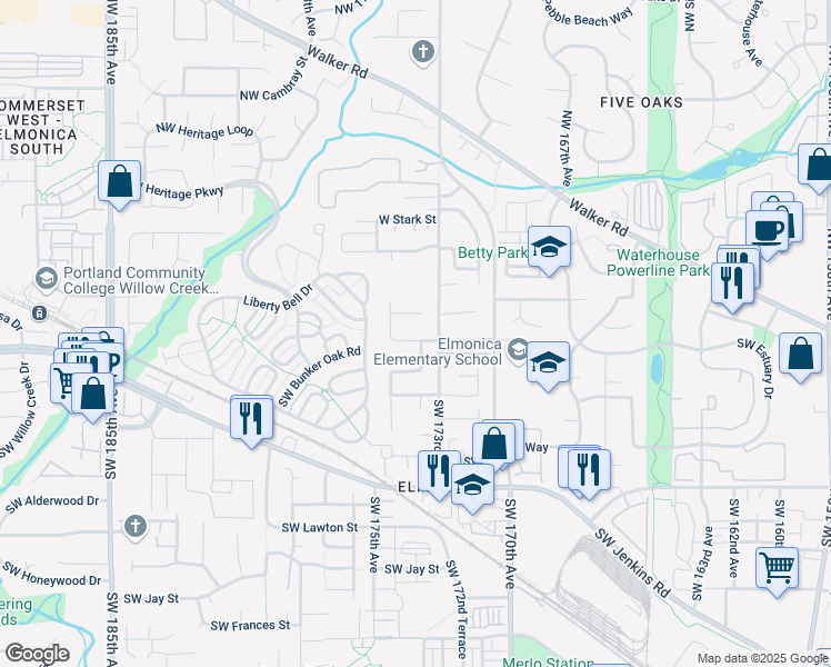 map of restaurants, bars, coffee shops, grocery stores, and more near 17365 Southwest Lisa Street in Beaverton