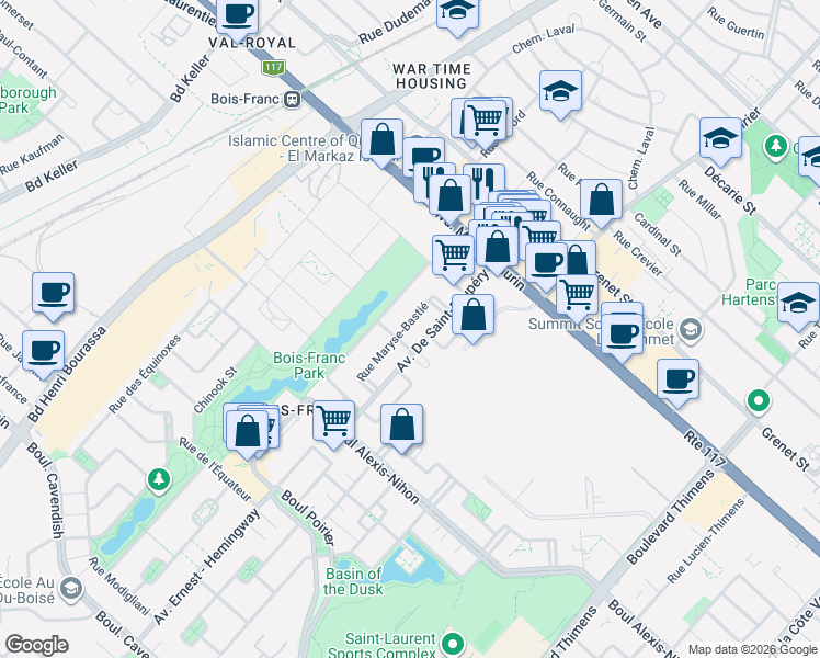 map of restaurants, bars, coffee shops, grocery stores, and more near 2190 Rue Maryse-Bastié in Montréal