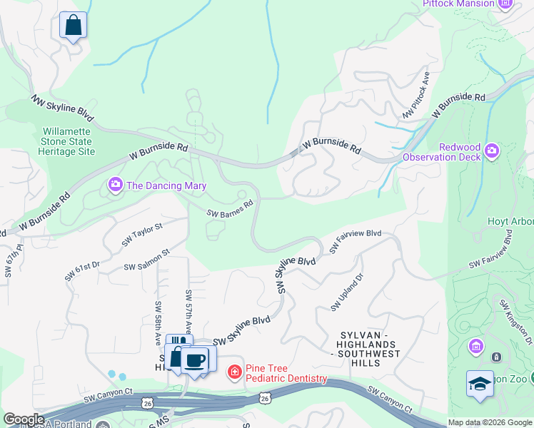 map of restaurants, bars, coffee shops, grocery stores, and more near 1060 Southwest Skyline Boulevard in Portland