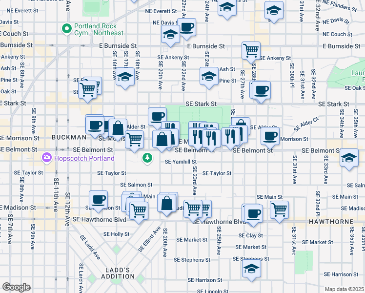 map of restaurants, bars, coffee shops, grocery stores, and more near 2121 Southeast Belmont Street in Portland