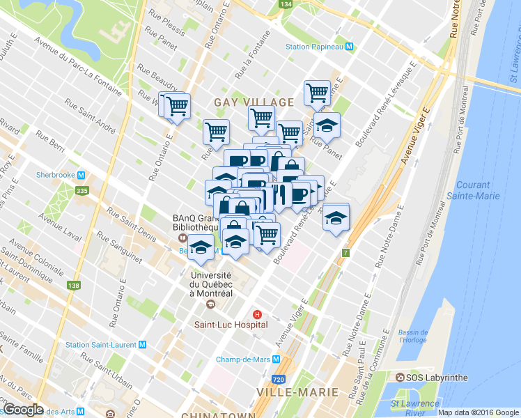 map of restaurants, bars, coffee shops, grocery stores, and more near 934 Saint Catherine Street East in Montreal