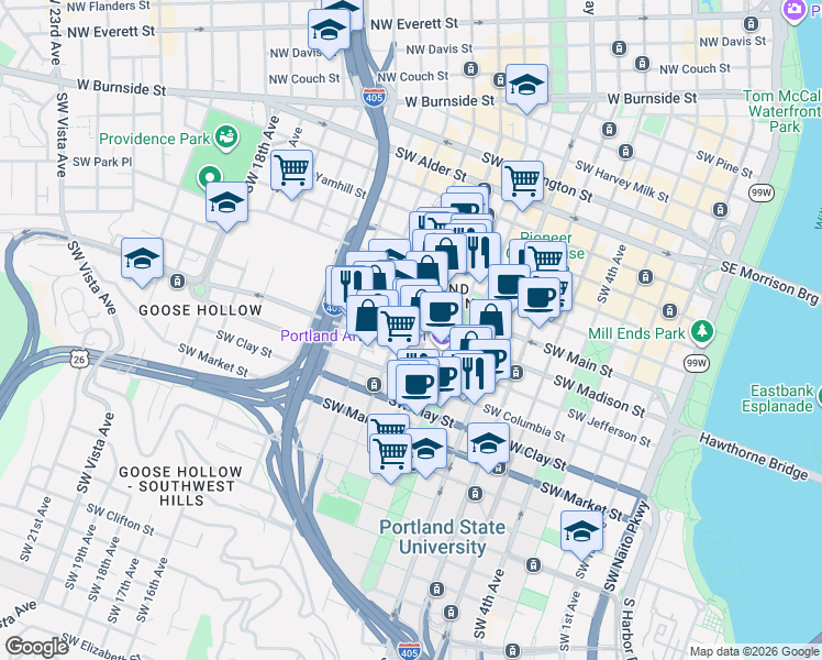 map of restaurants, bars, coffee shops, grocery stores, and more near 1221 Southwest 10th Avenue in Portland