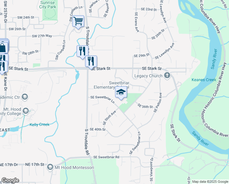 map of restaurants, bars, coffee shops, grocery stores, and more near 412 Southeast Sweetbriar Lane in Troutdale