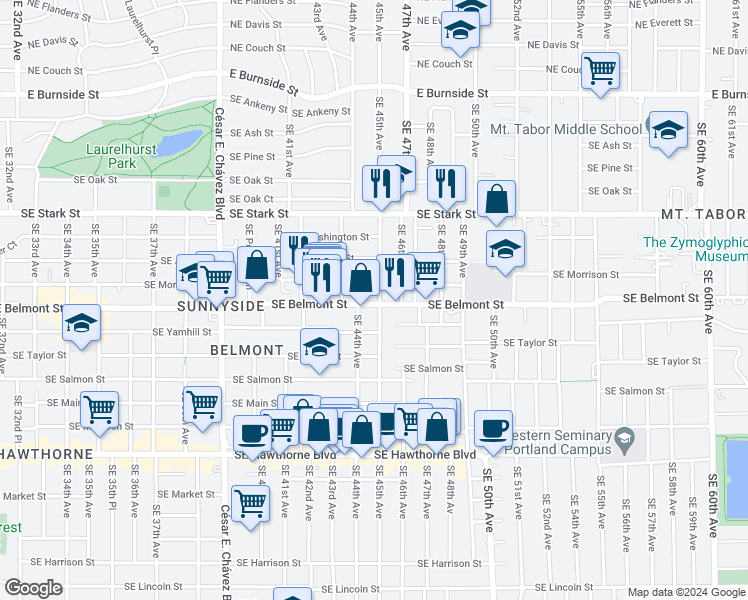 map of restaurants, bars, coffee shops, grocery stores, and more near 944 Southeast 45th Avenue in Portland