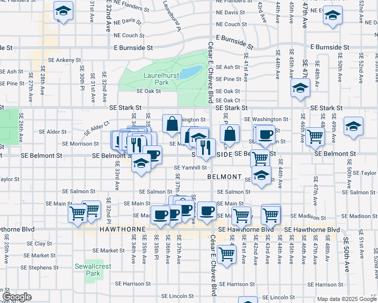 map of restaurants, bars, coffee shops, grocery stores, and more near 3735 Southeast Yamhill Street in Portland