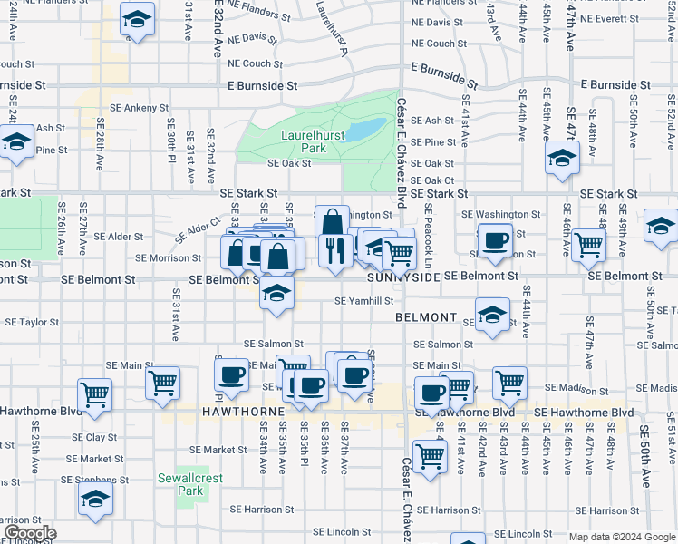 map of restaurants, bars, coffee shops, grocery stores, and more near 3631 Southeast Yamhill Street in Portland