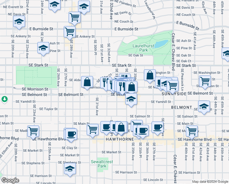 map of restaurants, bars, coffee shops, grocery stores, and more near 3326 Southeast Belmont Street in Portland