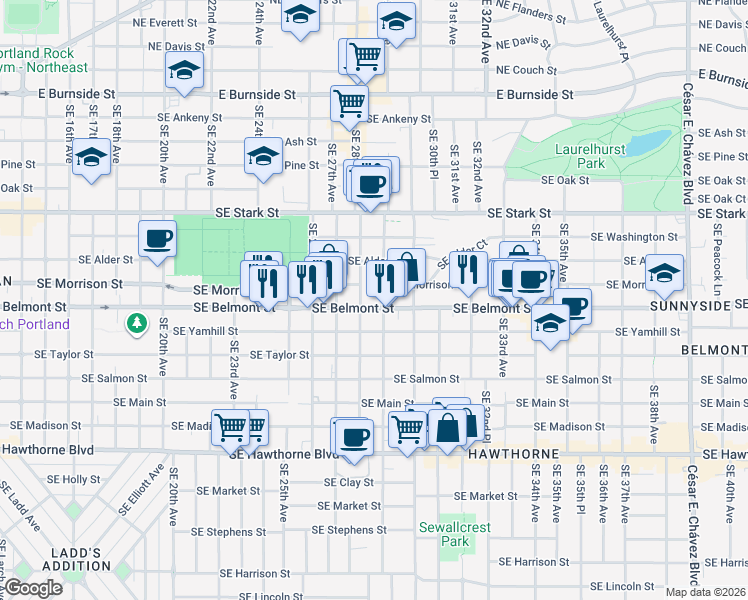 map of restaurants, bars, coffee shops, grocery stores, and more near 2805 Southeast Yamhill Street in Portland