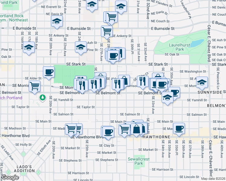 map of restaurants, bars, coffee shops, grocery stores, and more near 2805 Southeast Yamhill Street in Portland