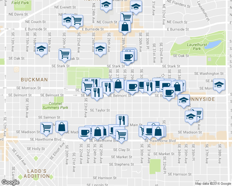 map of restaurants, bars, coffee shops, grocery stores, and more near 921-925 Southeast 27th Avenue in Portland