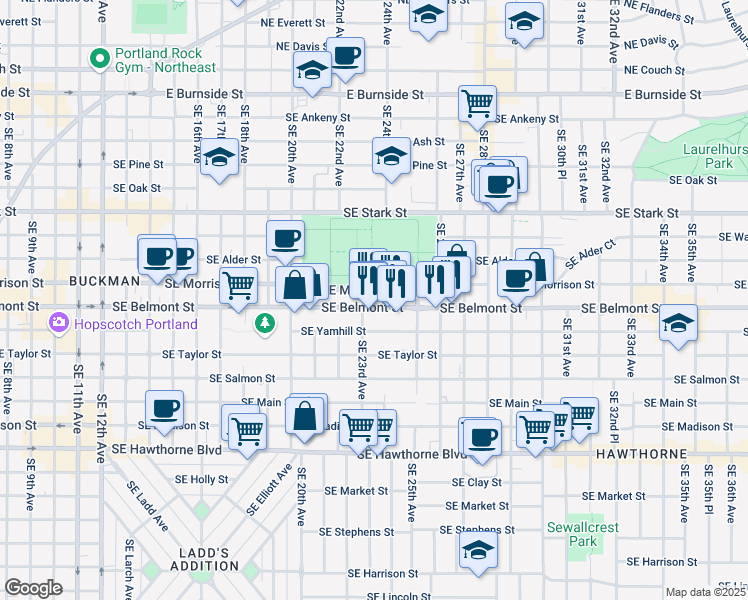 map of restaurants, bars, coffee shops, grocery stores, and more near 2345 Southeast Yamhill Street in Portland