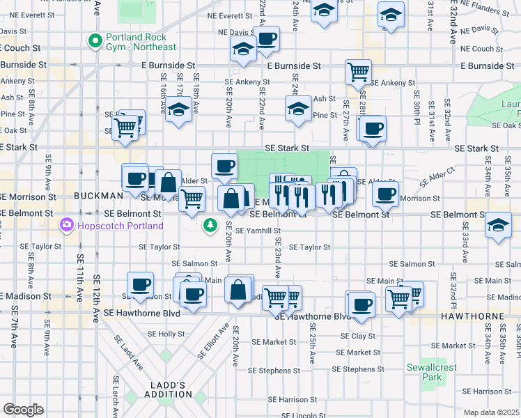 map of restaurants, bars, coffee shops, grocery stores, and more near 2305 Southeast Yamhill Street in Portland