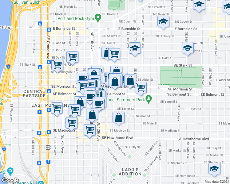 map of restaurants, bars, coffee shops, grocery stores, and more near 1325 Southeast Yamhill Street in Portland