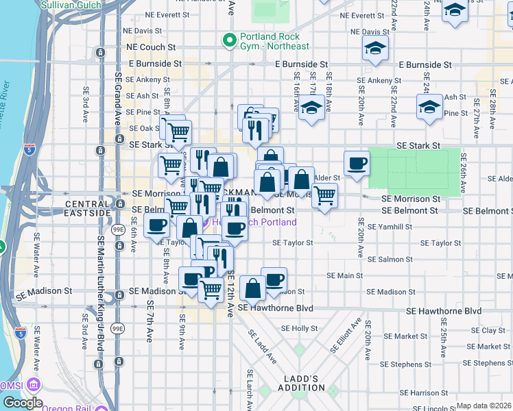 map of restaurants, bars, coffee shops, grocery stores, and more near 1325 Southeast Yamhill Street in Portland