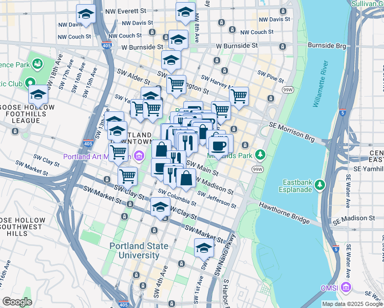 map of restaurants, bars, coffee shops, grocery stores, and more near 501 Southwest Main Street in Portland