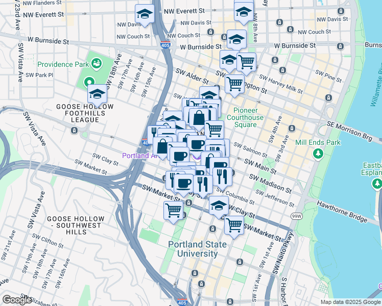 map of restaurants, bars, coffee shops, grocery stores, and more near in Portland