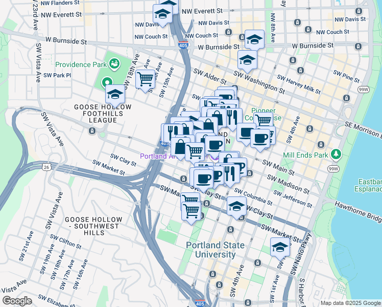 map of restaurants, bars, coffee shops, grocery stores, and more near in Portland