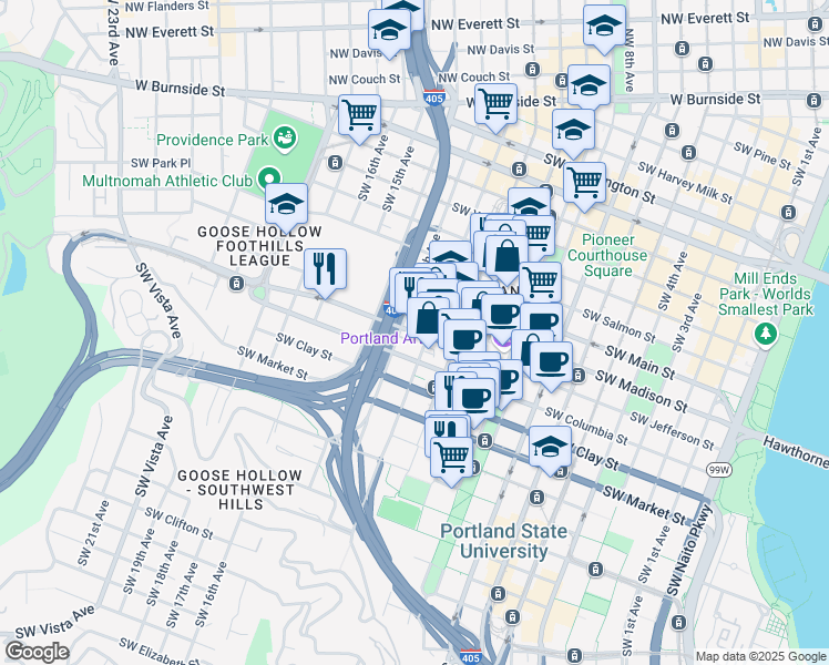 map of restaurants, bars, coffee shops, grocery stores, and more near 1129 Southwest Columbia Street in Portland