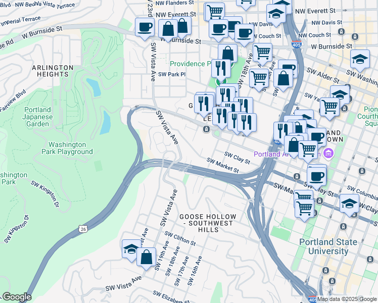 map of restaurants, bars, coffee shops, grocery stores, and more near 1964 Southwest Mill Street Terrace in Portland