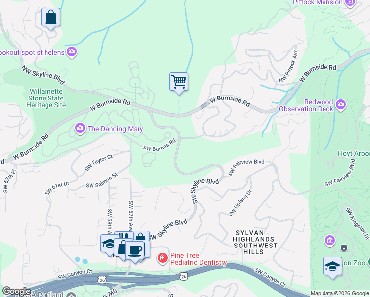 map of restaurants, bars, coffee shops, grocery stores, and more near 1060 Southwest Skyline Boulevard in Portland