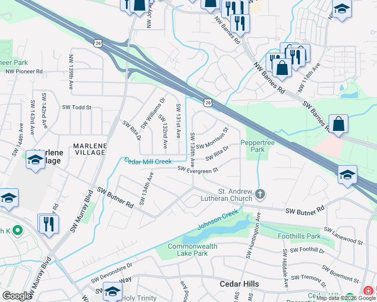 map of restaurants, bars, coffee shops, grocery stores, and more near 13085 Southwest Evergreen Street in Beaverton