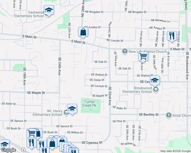 map of restaurants, bars, coffee shops, grocery stores, and more near 2940 Southeast Cedar Drive in Hillsboro
