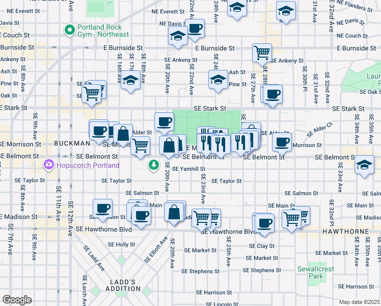 map of restaurants, bars, coffee shops, grocery stores, and more near 2121 Southeast Belmont Street in Portland