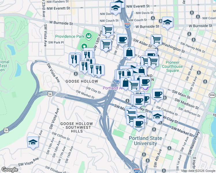 map of restaurants, bars, coffee shops, grocery stores, and more near 1329 Southwest 14th Avenue in Portland