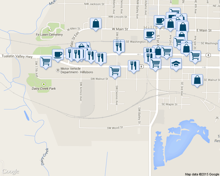 map of restaurants, bars, coffee shops, grocery stores, and more near 545 Southwest Cedar Street in Hillsboro