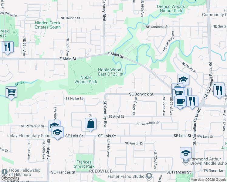 map of restaurants, bars, coffee shops, grocery stores, and more near 6568 Southeast Borwick Street in Hillsboro