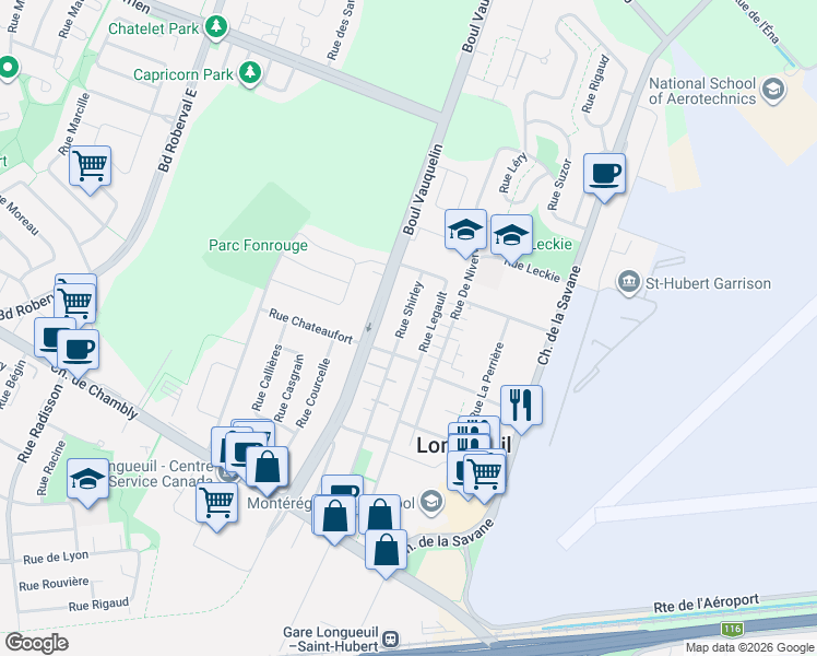 map of restaurants, bars, coffee shops, grocery stores, and more near 4449 Rue Shirley in Longueuil