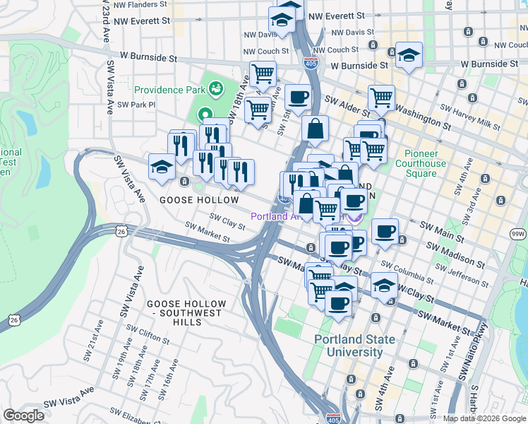 map of restaurants, bars, coffee shops, grocery stores, and more near 1329 Southwest 14th Avenue in Portland