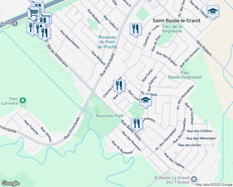 map of restaurants, bars, coffee shops, grocery stores, and more near 19 Rue Latour in Saint-Basile-le-Grand
