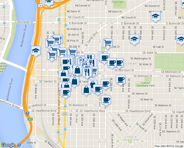 map of restaurants, bars, coffee shops, grocery stores, and more near 935 Southeast Belmont Street in Portland