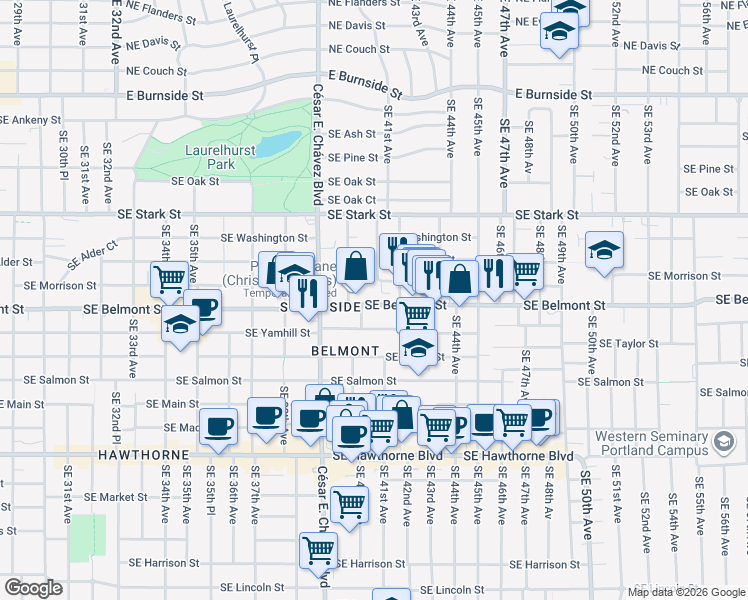 map of restaurants, bars, coffee shops, grocery stores, and more near 4041 Southeast Belmont Street in Portland