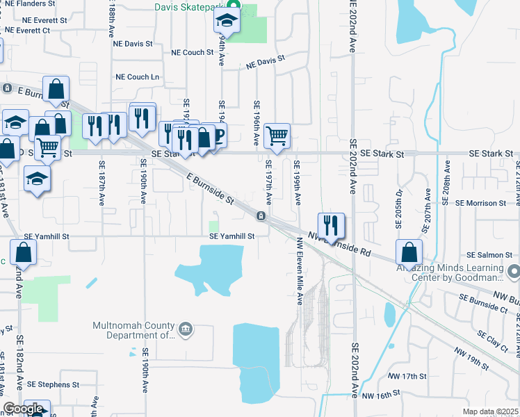 map of restaurants, bars, coffee shops, grocery stores, and more near 19655 East Burnside Street in Portland