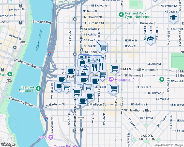 map of restaurants, bars, coffee shops, grocery stores, and more near 685 Southeast Belmont Street in Portland