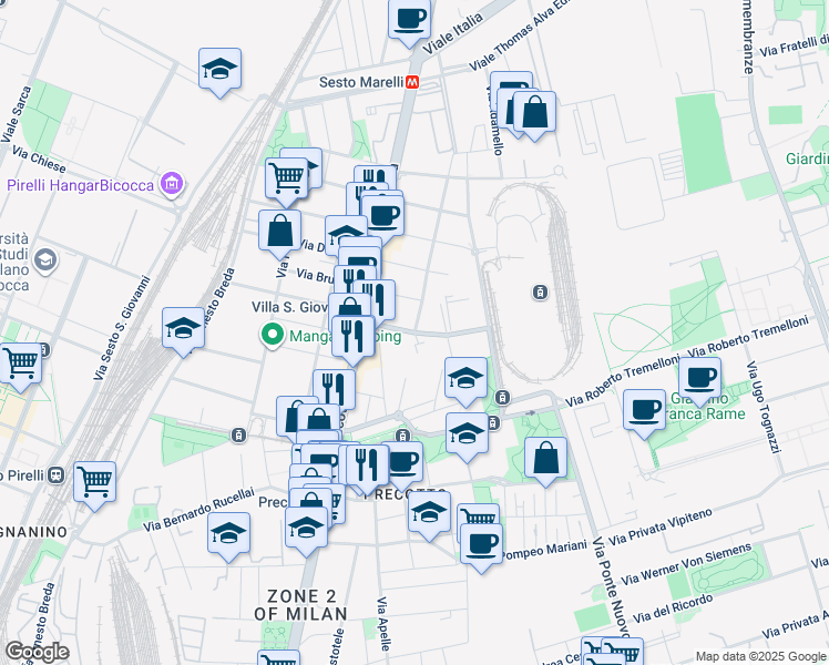 map of restaurants, bars, coffee shops, grocery stores, and more near 12 Via Pindaro in Milano