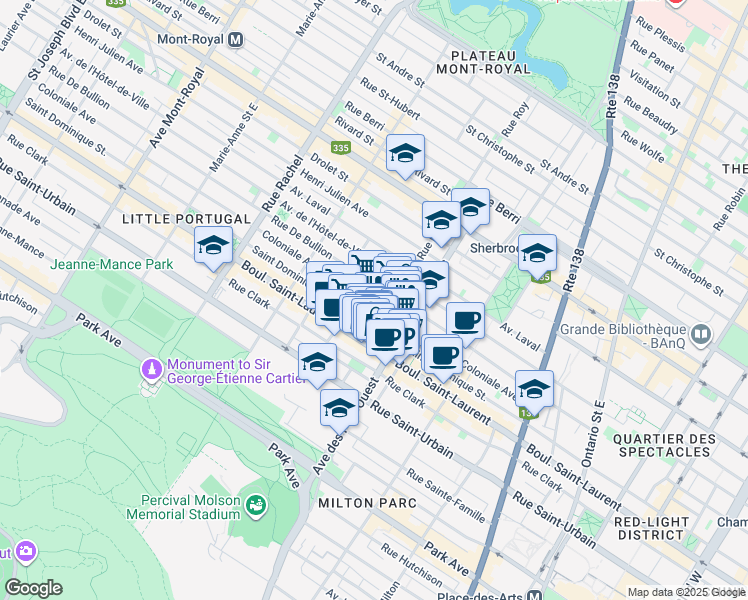map of restaurants, bars, coffee shops, grocery stores, and more near 3843 Avenue Coloniale in Montréal