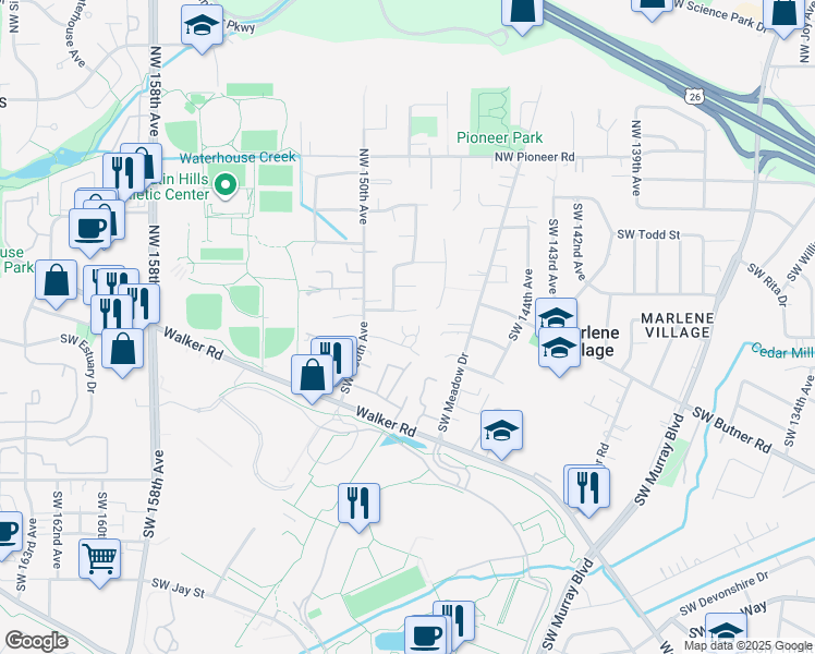 map of restaurants, bars, coffee shops, grocery stores, and more near 14845 Southwest Conor Circle in Beaverton