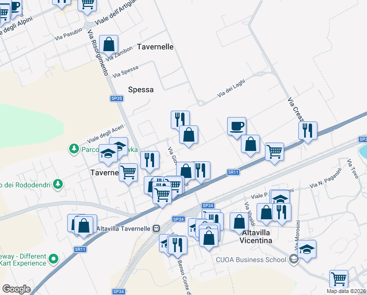 map of restaurants, bars, coffee shops, grocery stores, and more near 128 Via Lago Maggiore in Vicenza