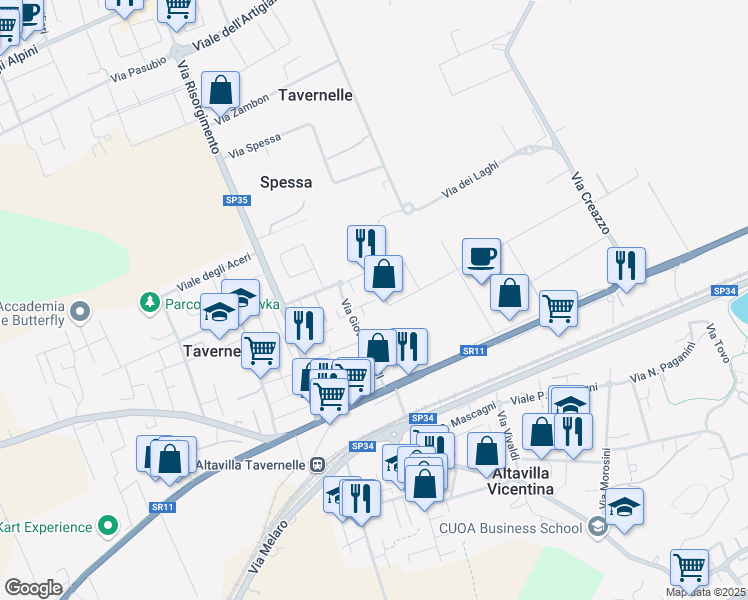 map of restaurants, bars, coffee shops, grocery stores, and more near 128 Via Lago Maggiore in Vicenza