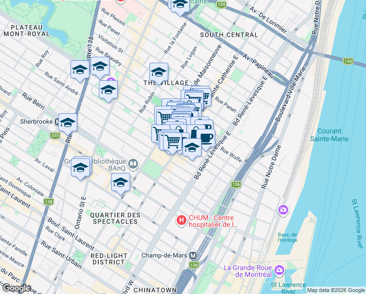 map of restaurants, bars, coffee shops, grocery stores, and more near 934 Rue Sainte-Catherine Est in Montréal